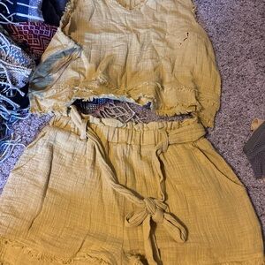 Mustard Yellow Two-Piece Crop Top & High-Waist Shorts Set